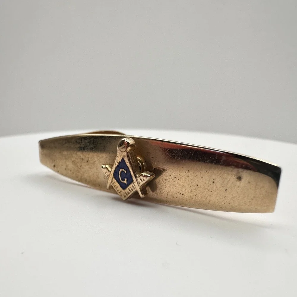 Vintage 90s Masonic Cufflinks & Tie Bar Set Gold Tone Blue Enamel Square Compass